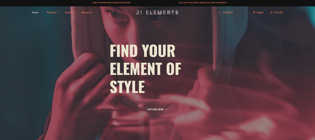 21 Elements branding with the text 'Find Your Element of Style' overlayed on a close-up image